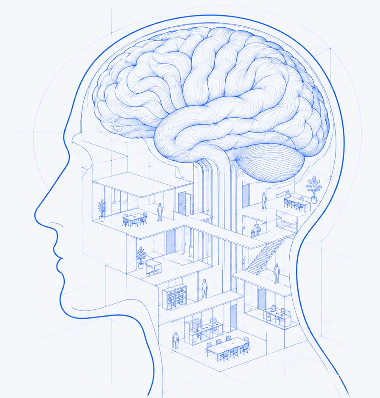 Company Brain: μπλε αρχιτεκτονικό σχέδιο ενός ανθρώπινου κεφαλιού, με τον εγκέφαλο συνδεδεμένο με τους ορόφους γραφείων και τους ανθρώπους μιας ολόκληρης εταιρείας.
