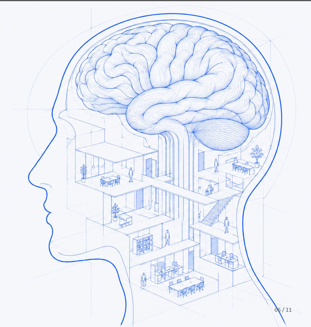 Company Brain: a blue architectural drawing of a human head, with a brain connected to the office floors and people of an entire company.